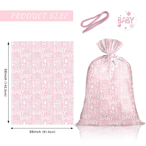 Pink Jumbo Plastic Gift Bag With Baby Girl Design Includes Tag And Tie 56 X 36 Inches Extra Large Perfect For Birthday Parties Baby Showers And Holidays Lightweight And Foldable For Easy Storage, showing dimensions and accessories.