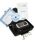 M5 Digital Force Gauge, 200 Lbf Capacity, Built For Speed With 7000 Hz Sampling, USB RS-232 And Analog Outputs, 0.1% Accuracy, 1000 Point Memory, Built In Statistics, Extendable Up To 2000 Lbf 10 kN. Force gauge kit with case, cables, manual, and test tips