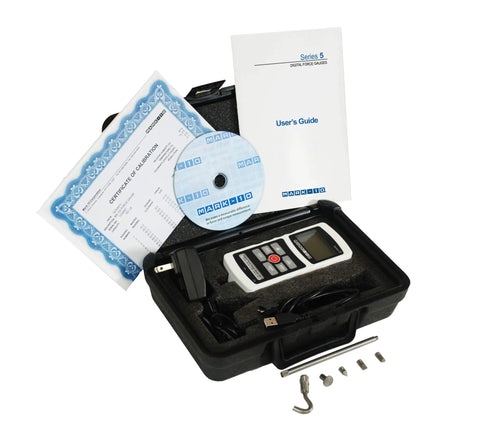 M5 Digital Force Gauge, 200 Lbf Capacity, Built For Speed With 7000 Hz Sampling, USB RS-232 And Analog Outputs, 0.1% Accuracy, 1000 Point Memory, Built In Statistics, Extendable Up To 2000 Lbf 10 kN. Force gauge kit with case, cables, manual, and test tips