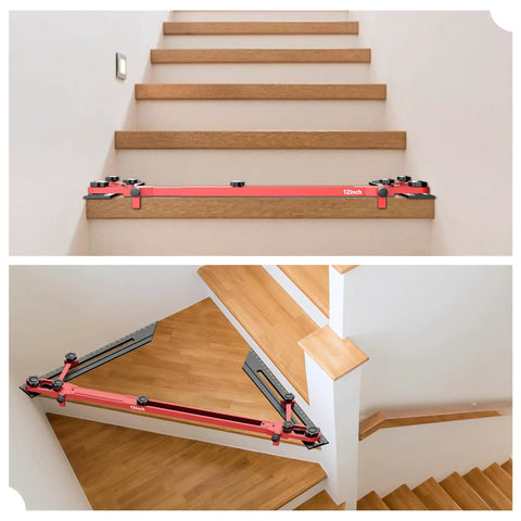 Slick Adjustable Master Woodworking Stair Tread Jig And Heavy Duty Template System With Upgraded Locking Mechanism For Zero Sweat Setup And Straight Shot Accuracy on stairs.