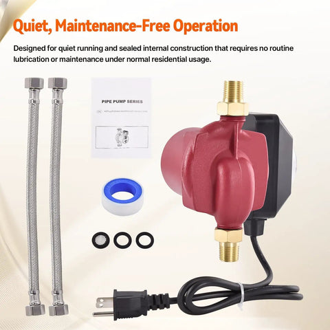 Reliable Hot Water Recirculation Pump Replacement Featuring A Smooth 1/25 Hp 115 Volt Motor, two flexible hoses, user manual.