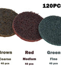 2 Inch Quick Change Sanding Discs Set in brown, red, and green for Die Grinder with Zirconia and Aluminum Oxide, 120 pieces.