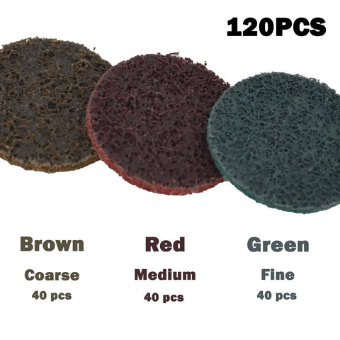 2 Inch Quick Change Sanding Discs Set in brown, red, and green for Die Grinder with Zirconia and Aluminum Oxide, 120 pieces.