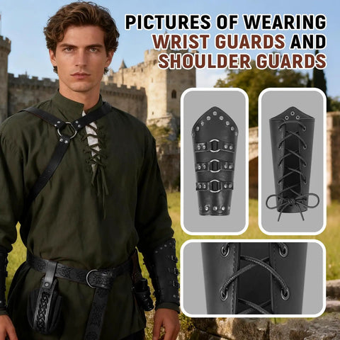 Epic Seven Piece Renaissance Costume Set for Men with faux leather wrist guards and shoulder armor detail