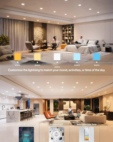 4 Pack 6 Inch Retrofit LED Recessed Downlights With 5 Way CCT Adjustment 15 Watt Dimmable in modern living room setting