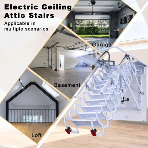 Electric Attic Ladder Telescoping Pull Down Loft Stairs Built Tough To Crush Heavy Loads Featuring Smooth Glide Retractable Action for basement, loft, and garage access.