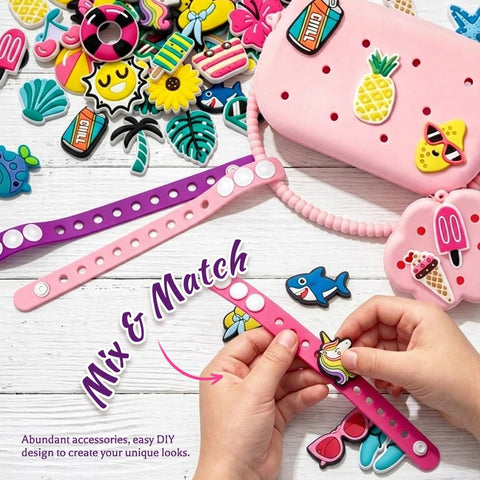 Fifty Plus Piece DIY Wristbands And Purse Kit For Girls with silicone purses, charm wristbands, and mix of colorful accessories.