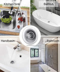 Stainless Steel Hair Catcher Drain Strainer for tub, shower, and sink in kitchen, bathtub, handbasin, bathroom setup collage.