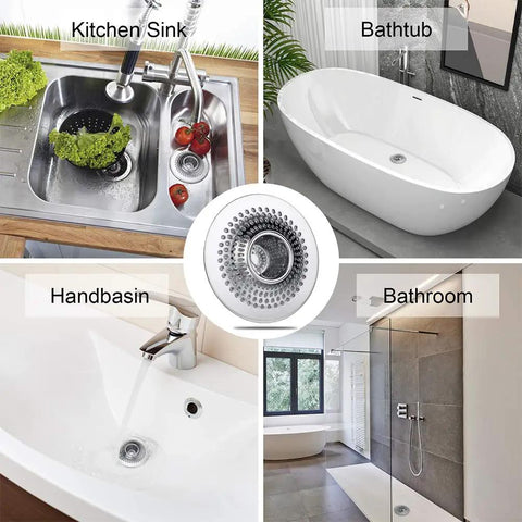 Stainless Steel Hair Catcher Drain Strainer for tub, shower, and sink in kitchen, bathtub, handbasin, bathroom setup collage.