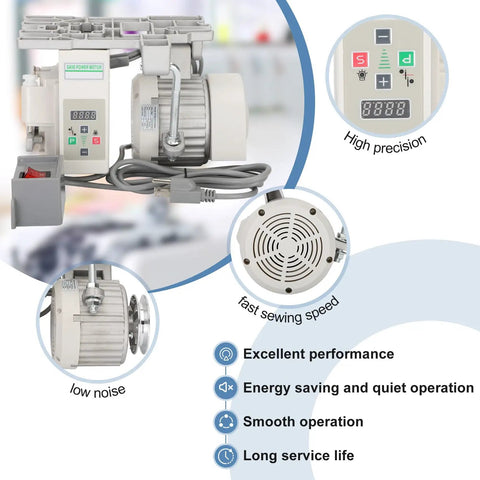 Beefy High Torque Servo Sewing Machine Motor With Needle Positioner And Synchronizer, AC110V 750W shown with controller and features.
