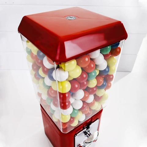 Thinking Process: red metal gumball machine with clear plastic bin and lockable base, filled with colorful candy