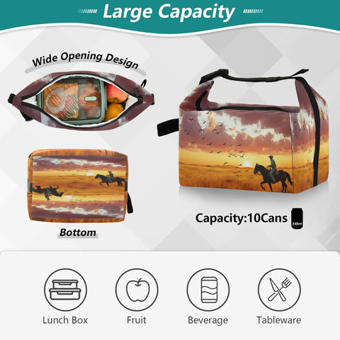 Desert Cowboy Ride Lunch Bag Insulated Tote For Women And Men High Capacity 9.4 x 6.7 x 9.8 Inches Leakproof Reusable Meal Cooler