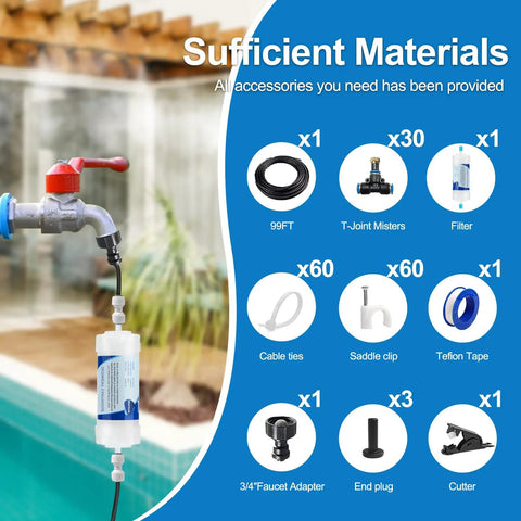 Components of Outdoor Misting System Kit For Patio And Backyard 99 Ft Water Mist With Built In Filter Chill Your Outdoor Space