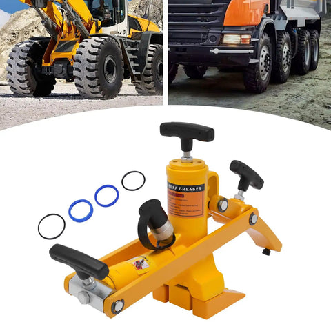 Workhorse Heavy Duty Tire Bead Breaker Kit With 70 MPa Hydraulic Foot Pump And 10000 PSI Capacity 10 Ton Bead Breaker Tool With Air Hose For Farm Equipment Tractors Buses Lawn Mowers And ATVs, yellow steel tool with adapters
