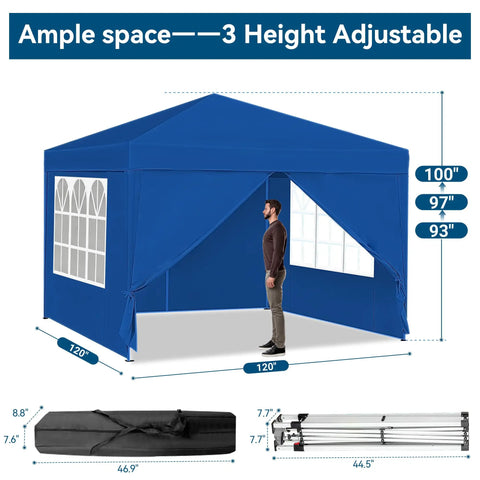 10x10 Auto Pop Up Canopy Tent With Weatherproof Sidewalls Instant Waterproof Sun Shade Gazebo shown with adjustable height and sidewalls
