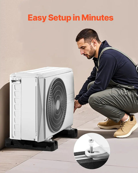Person installing mini split unit on Floor Mounting Base Kit For Mini Split AC Systems, Heavy-Duty Rubber Anti-Vibration Pads