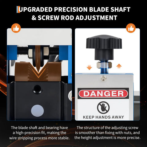 Close-up of Electric Wire Stripper Machine for 1.5 to 25 mm cables showing precision blade shaft and danger warning.