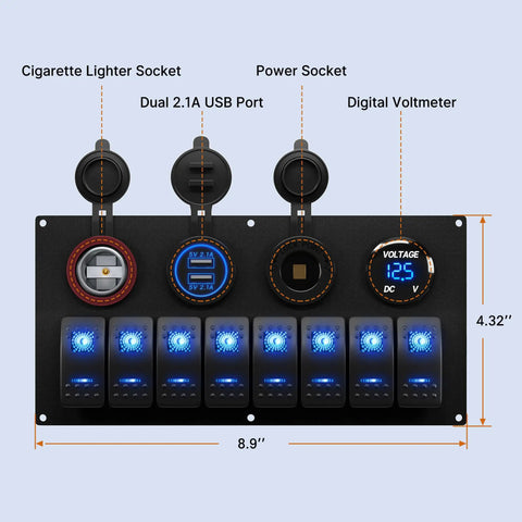 Beefy 8 Gang 12V Marine Boat Switch Panel Waterproof With Blue LED Lights; features dual cigarette lighter sockets, USB ports.