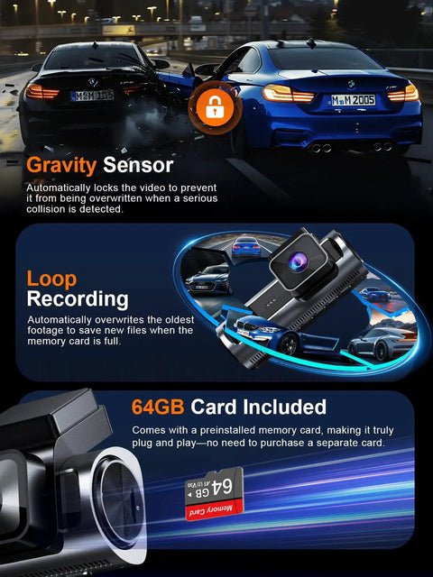 4K Front Dash Cam With Inside Cabin And Rear View For Your Ride, Front 4K Footage And 1080P Interior And 1080P Rear, G Sensor and 64GB Card