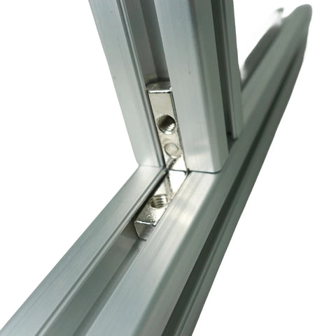 30mm By 30mm Smooth Lite T Slot Aluminum Extrusion 400mm Length Built For DIY Frames Super Durable Anodized Aluminum Profile With Lightweight Strength And Corrosion Resistance For Your Next Build., 30x30 aluminum T-slot corner connection with fastener block
