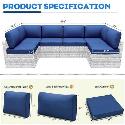 Outdoor Replacement Cushions for Patio Furniture 14 Piece Deep Blue Sofa Cushion Set Water Resistant for Rattan Wicker Sectional Sun Ready