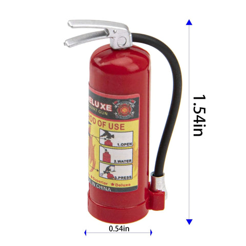 Two Pack Simulation Fire Extinguishers Decoration Set With Stickers For RC Crawler Models Compatible With Traxxas TRX4 Axial SCX10 Tamiya CC01 D90 One Tenth Scale Not Real Fire Suppression Accessory, 1.54-inch tall red plastic model with label.