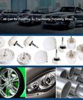 DIY Friendly Buffing Wheel Kit With White Flannelette Pads, 12 Pack For Drill Polishing Metal And Jewelry, shown with car parts and tools.