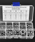 Heavy Duty Stainless Steel Washer Set With 260 Pcs Spring And Flat Washers In Seven Sizes M2.5 To M10 Rust Resistant Assortment Kit For Home Workshop And Factory Use, clear organizer box