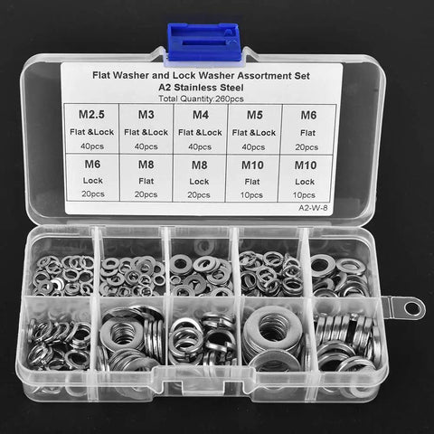 Heavy Duty Stainless Steel Washer Set With 260 Pcs Spring And Flat Washers In Seven Sizes M2.5 To M10 Rust Resistant Assortment Kit For Home Workshop And Factory Use, clear organizer box