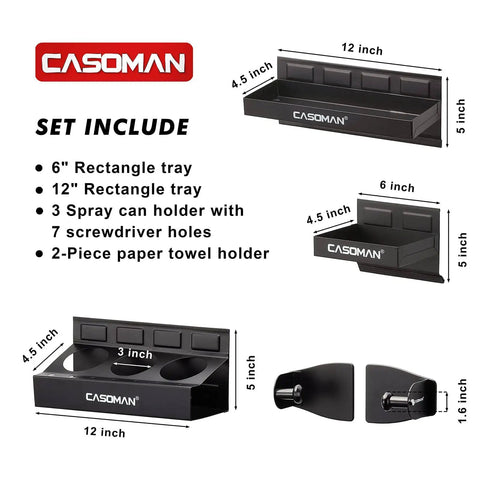 Magnetic Toolbox Organizer Set With 6 Inch And 12 Inch Trays, 2 Piece Paper Towel Holder, 3 Spray Can Holders, And Seven Screwdriver Holes