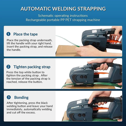 Schematic instructions for Automatic Hot Melt Electric Strapping Machine With Dual Power Batteries For Sealing Heavy Pp Pet Straps Up To 16Mm Wide.