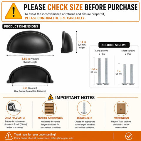 Matte Black Cup Drawer Pulls Five Pack for Cabinets and Furniture Dressers, 3 Inch Hole Centers Cup Handles image with measurements and screws included