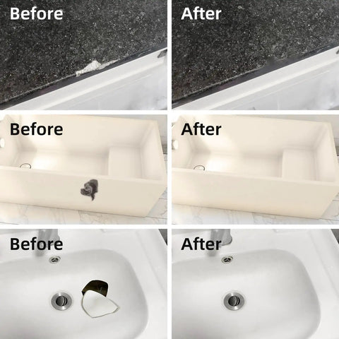 Tub And Fiberglass Shower Repair Kit White 3.7oz fixing cracks, chips, dents, and holes in porcelain sinks and acrylic bathtubs before and after