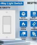 4 Pack Decorator 3-Way Light Switches With Wall Plate, 15A 120V And 277V Rocker Paddle Interrupter, UL Listed, white design