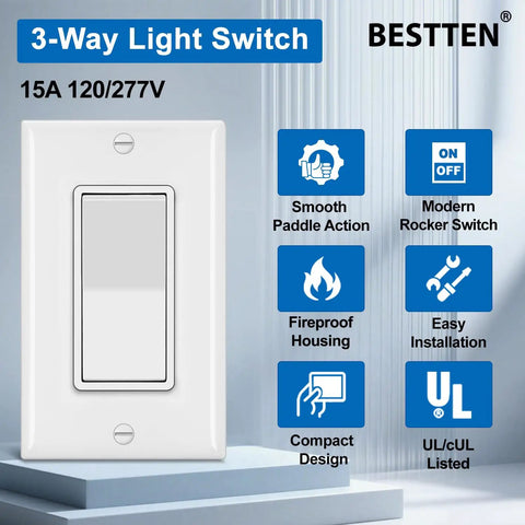 4 Pack Decorator 3-Way Light Switches With Wall Plate, 15A 120V And 277V Rocker Paddle Interrupter, UL Listed, white design