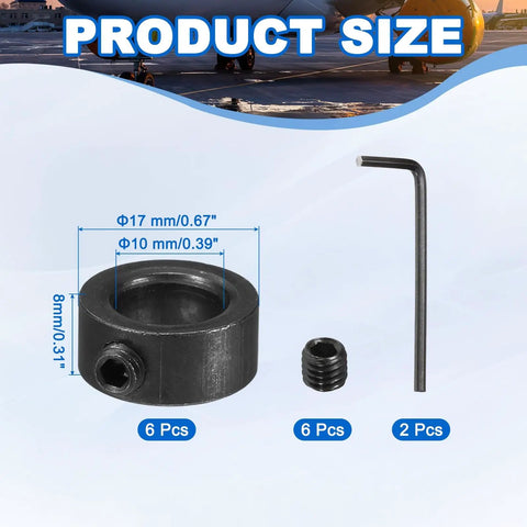 Heavy Duty 10 mm Bore Shaft Collar 17 mm OD 8 mm Thick Carbon Steel Wheel Stopper With Set Screw And 2 Hex Wrenches Black Pack Of 6 For Machine Tools And Conveyors, shown with dimensions