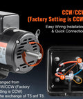 Heavy Duty 7.5 Hp Air Compressor Electric Motor 230V Single Phase 3450 RPM showing wiring details and reversible shaft setup.
