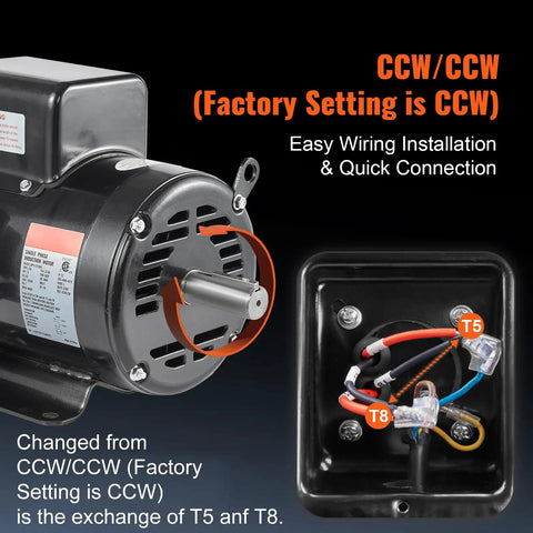 Heavy Duty 7.5 Hp Air Compressor Electric Motor 230V Single Phase 3450 RPM showing wiring details and reversible shaft setup.