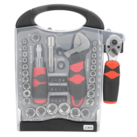 45 Piece Socket Wrench Set With Ratchet And Screwdriver Bits Multipurpose Tool Kit In Chrome Vanadium Steel with storage box