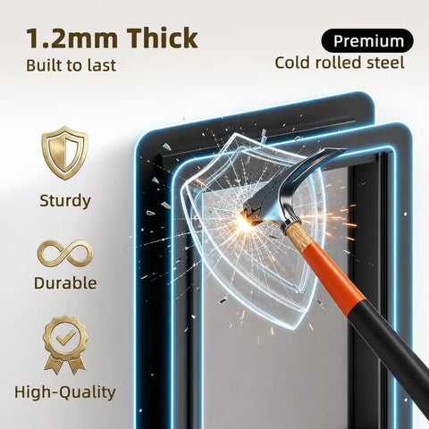 Heavy Duty Medium Wall Mount Dog Door With Triple Flap Insulated Barrier To Shut Out Cold Drafts Wind And Pests, showcasing 1.2mm thick cold rolled steel durability.