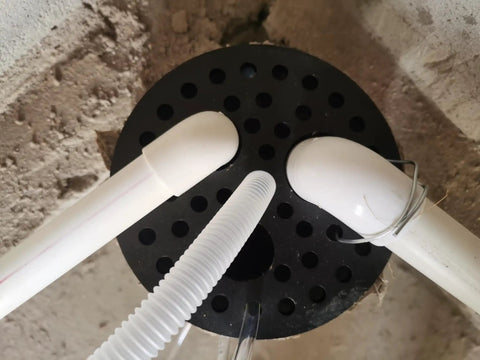 Six Point Five Inch Drain Cover With Integrated Ports For PVC Elbows And Pipe, Floor Drain Strainer installed with PVC fittings
