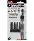 One Quarter Inch Impact Driver And Extractor Kit With Bits For Stubborn Screws And Rusted Bolts Universal Receiver Durable Black Finish Workhorse Tool For Auto Home Or Shop Repairs packaging front view
