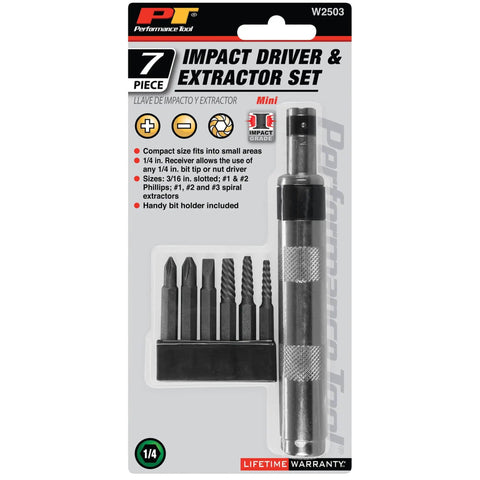 One Quarter Inch Impact Driver And Extractor Kit With Bits For Stubborn Screws And Rusted Bolts Universal Receiver Durable Black Finish Workhorse Tool For Auto Home Or Shop Repairs packaging front view
