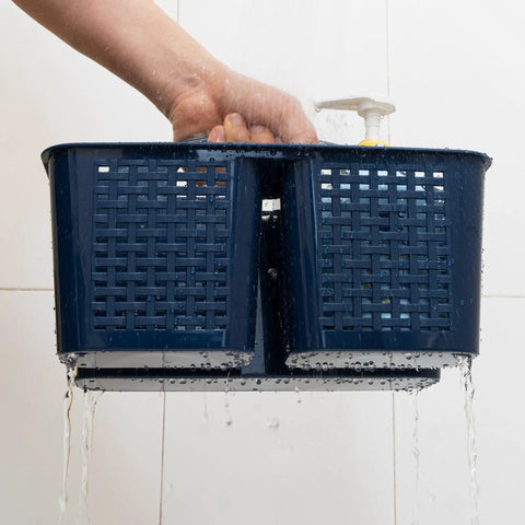 Portable Shower Caddy Organizer With Handle And Three Compartments Offers Zero Hassle Organization With Fast Draining Design, shown in use with water.