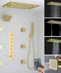 24 X 32 LED Dual Head Ceiling Mount Shower System With Thermostatic Valve Rock Solid 6 Body Jets High Pressure Handheld 6 Inch Rainfall Panel with gold finish.
