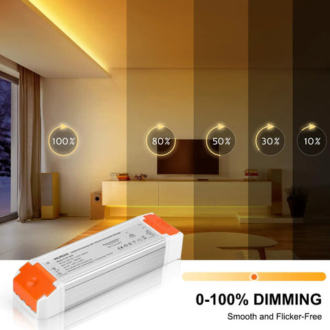 Dimmable LED Driver 12V DC 60W Triac Dimming Transformer for LED Strip Lights with 120V AC input in living room setting.