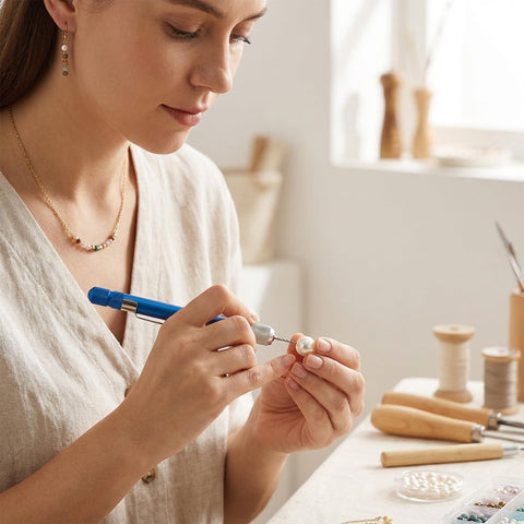 Person using 21 Piece Micro Drill Bit Set With Pin Vise Hand Twist Drill Bits for jewelry making at a workbench.