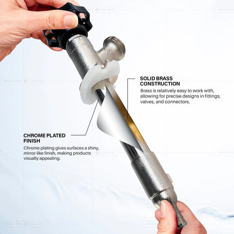 10 Inch Frost Free Sillcock Outdoor Faucet With Chrome Plated Brass Body Half Inch PEX Inlet To Three Quarter Inch Male Hose Thread Outlet Lead Free Built For Year Round Use And No Freeze Drama In Your Yard held in hands