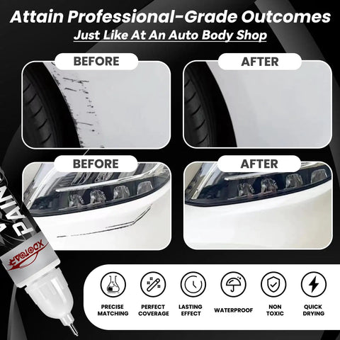 White Car Scratch Repair Pen For Quick Color-Matched Touch Up Paint That Blends Like A Pro Fast Dry Easy To Use Safe And Washable Auto Scratch Remover showing before and after use on car.