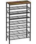 8-Tier Tall Shoe Rack Organizer For Entryway And Closet, fits 24-32 pairs, heavy-duty metal frame, with wood top shelf, rustic brown.